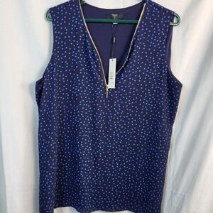 Tahari Womens Large Blue Polka Dot Sleeveless Blouse Zip Front Career Top NWT
